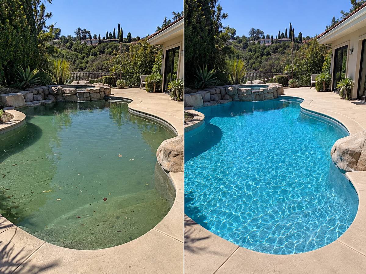 Side by side: a freeform pool with green water and the same pool clear and blue