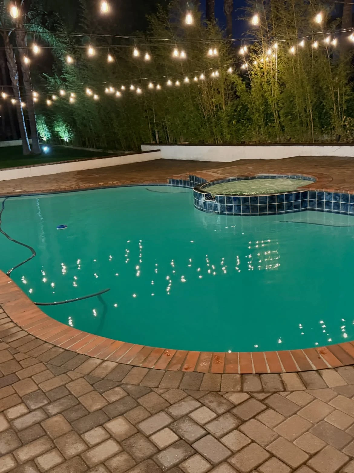 Pool and raised spa at night under string lights