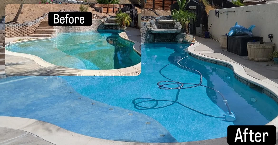 Pool after vacuuming, with the vacuum hose still in the water